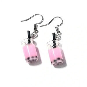 Funny Cute Pink Bubble Boba Black Pearl Tea Jar Drop Earrings NWT